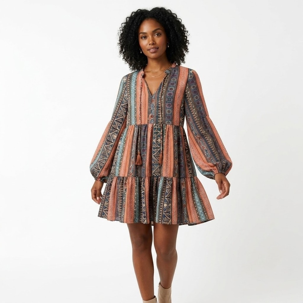 Flying Tomato Geometric Striped Tiered Mini Dress Orange Blue Small  oversized